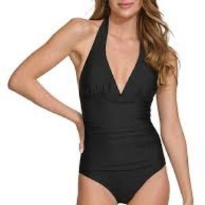NWOT DKNY Halter One Piece Swimsuit Black Tummy Control Vacation Resort XXL